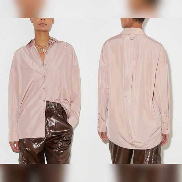 Tibi Toffee Italian Sporty Nylon Cocoon-Back Buttoned Shirt - Picture 1 of 10